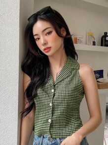 DAZY Plaid Lapel Collar Textured Blouse Summer,Crop Tops Women