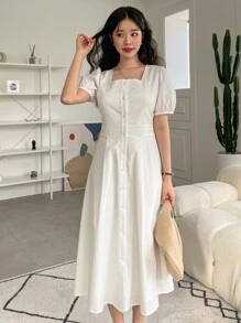 DAZY Square Neck Puff Sleeve Button Front Dress - Beige - View 4