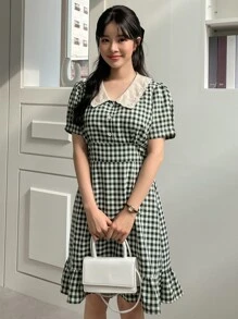 DAZY Plaid Print Contrast Collar Puff Sleeve Ruffle Hem Dress - Multicolor - View 8