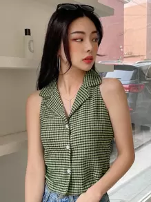 DAZY Plaid Lapel Collar Textured Blouse Summer,Crop Tops Women