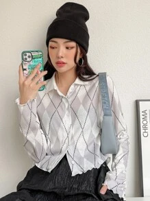 DAZY Argyle Print Rau diếp Trim Top Không có áo ngực - trắng - Xem 7