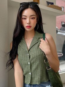 DAZY Plaid Lapel Collar Textured Blouse Summer,Crop Tops Women