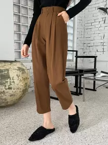 DAZY 褶皱斜口袋裤，女士正装裤 - 咖啡棕 - 查看 1