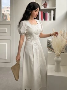 DAZY Square Neck Puff Sleeve Button Front Dress - Beige - View 6