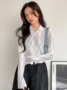 DAZY Argyle Print Rau diếp Trim Top Không có áo ngực - trắng - Xem 8