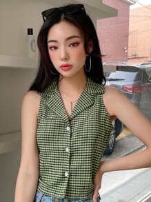 DAZY Plaid Lapel Collar Textured Blouse Summer,Crop Tops Women