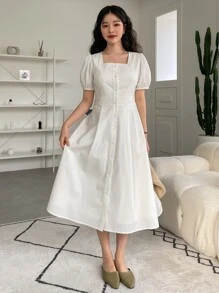 DAZY Square Neck Puff Sleeve Button Front Dress - Beige - View 7