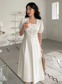 DAZY Square Neck Puff Sleeve Button Front Dress - Beige - View 8