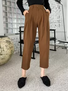 DAZY 褶皱斜口袋裤，女士正装裤 - 咖啡棕 - 查看 4