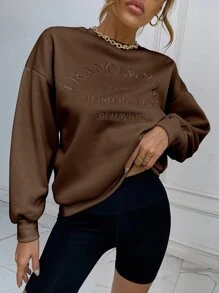 SHEIN Unity Drop Shoulder Letter Embroidery Pullover - Chocolate Brown - View 1