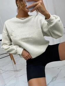 SHEIN Unity Drop Shoulder Letter Embroidery Pullover - Light Grey - View 3