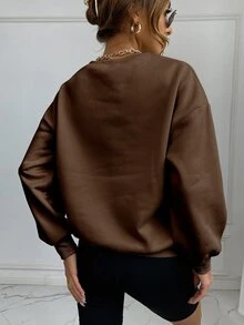 SHEIN Unity Drop Shoulder Letter Embroidery Pullover - Chocolate Brown - View 2