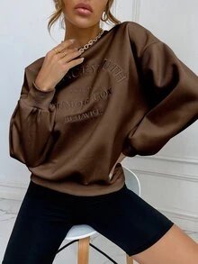 SHEIN Unity Drop Shoulder Letter Embroidery Pullover - Chocolate Brown - View 3