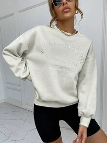 SHEIN Unity Drop Shoulder Letter Embroidery Pullover - Light Grey - View 6