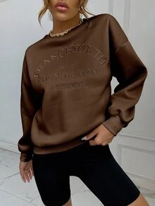 SHEIN Unity Drop Shoulder Letter Embroidery Pullover - Chocolate Brown - View 4