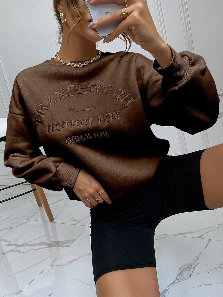 SHEIN Unity Drop Shoulder Letter Embroidery Pullover - Chocolate Brown - View 5