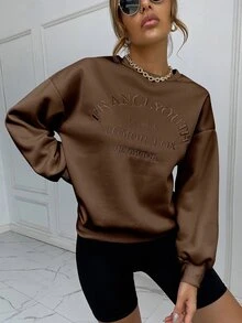 SHEIN Unity Drop Shoulder Letter Embroidery Pullover - Chocolate Brown - View 6