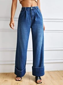 SHEIN 拉鏈門襟卷邊闊腿牛仔褲 - 中等水洗藍 - 查看 1