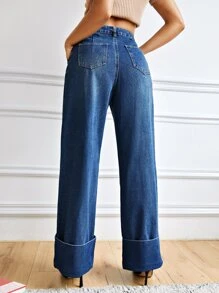 SHEIN 拉鏈門襟卷邊闊腿牛仔褲 - 中等水洗藍 - 查看 2