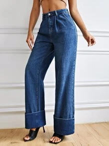 SHEIN 拉鏈門襟卷邊闊腿牛仔褲 - 中等水洗藍 - 查看 3