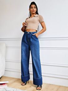 SHEIN 拉鏈門襟卷邊闊腿牛仔褲 - 中等水洗藍 - 查看 5