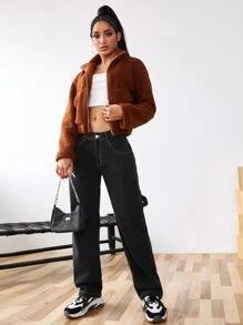 SHEIN EZwear Washed Tape Side Jeans - Black - View 3