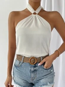 SHEIN Unity Áo hai dây Lộ Lưng Nhẫn Buộc lại màu trơn Boho - trắng - Xem 1