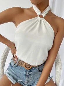 SHEIN Unity Áo hai dây Lộ Lưng Nhẫn Buộc lại màu trơn Boho - trắng - Xem 3