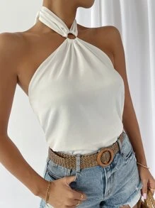 SHEIN Unity Áo hai dây Lộ Lưng Nhẫn Buộc lại màu trơn Boho - trắng - Xem 4