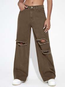 Jeans con cremallera con diseño roto de pierna ancha - Marrón Mocha - Ver 1