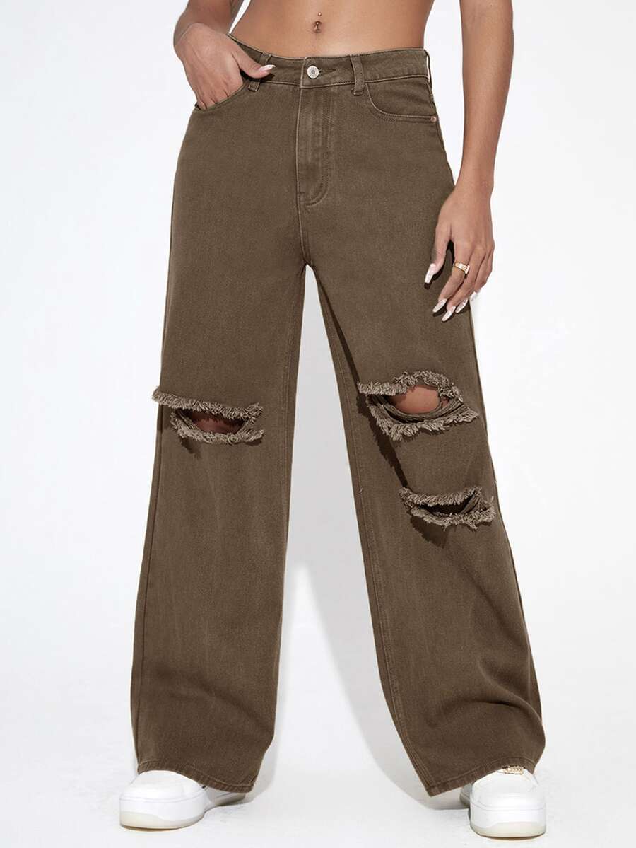 Jeans con cremallera con diseño roto de pierna ancha - Marrón Mocha - Ver 1
