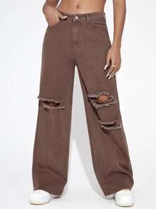 Jeans con cremallera con diseño roto de pierna ancha - Café integral - Ver 1