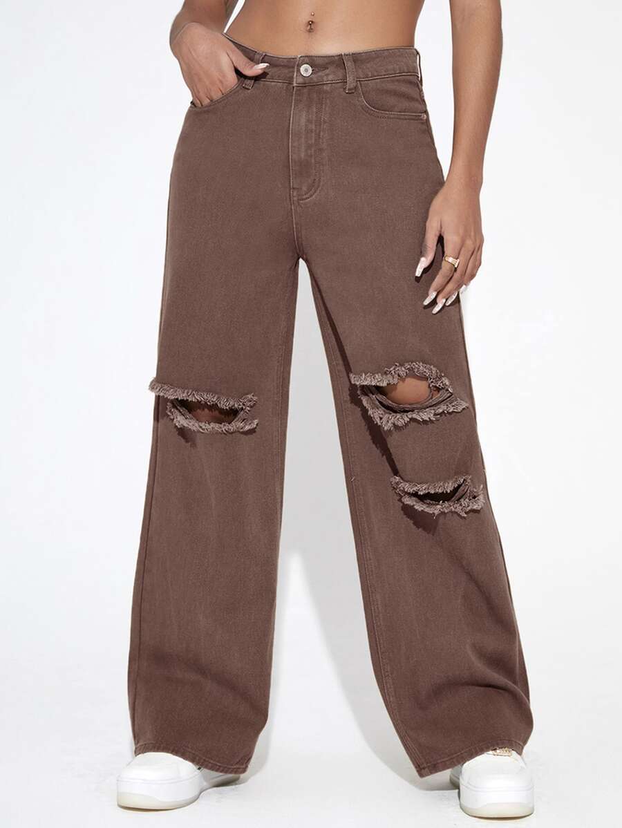 Jeans con cremallera con diseño roto de pierna ancha - Café integral - Ver 1