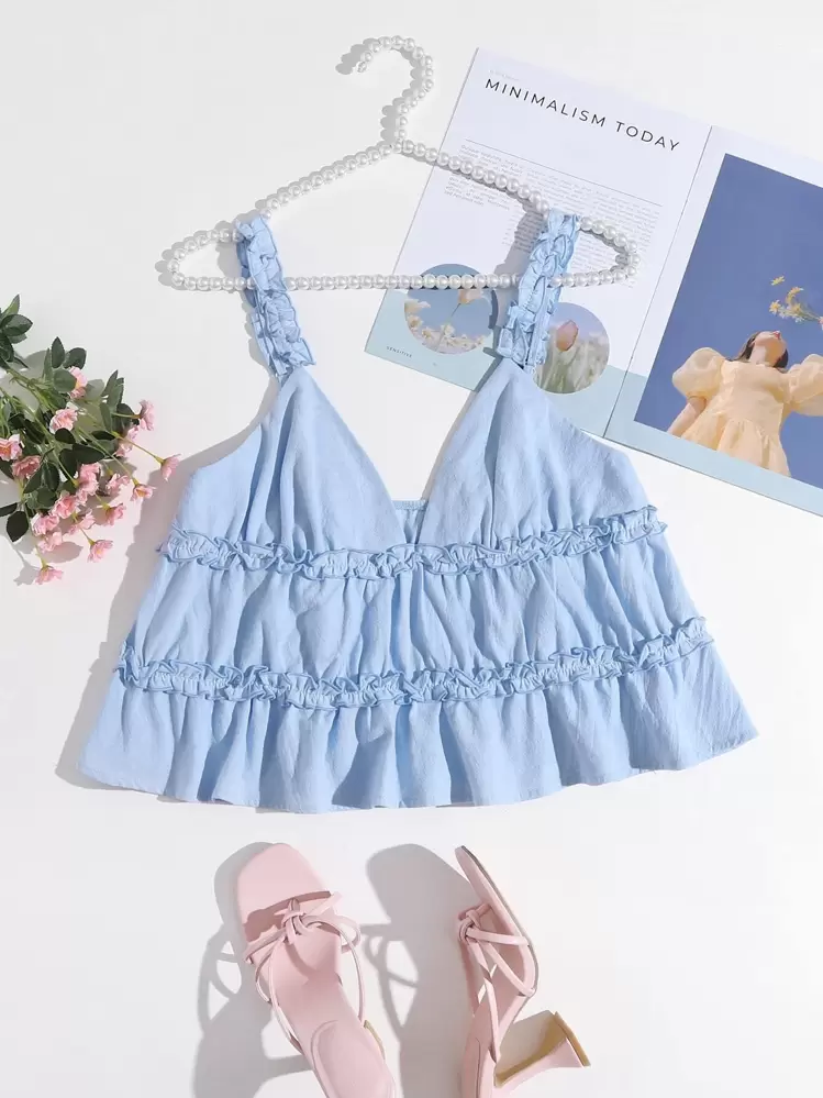 SHEIN VCAY Frill Trim Ruffle Hem Cami Top - Baby Blue - View 1