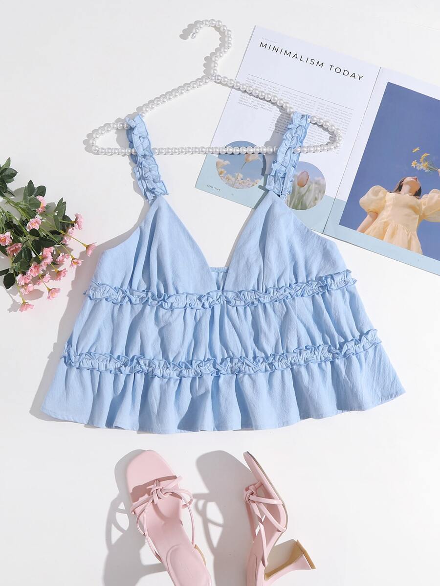 SHEIN VCAY Áo hai dây Viên lá sen màu trơn Boho - Màu xanh nhạt - Xem 1