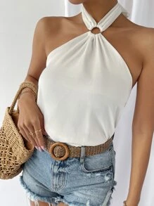 SHEIN Unity Áo hai dây Lộ Lưng Nhẫn Buộc lại màu trơn Boho - trắng - Xem 5