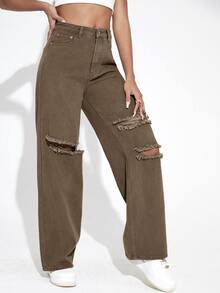 Jeans con cremallera con diseño roto de pierna ancha - Marrón Mocha - Ver 3