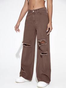 Jeans con cremallera con diseño roto de pierna ancha - Café integral - Ver 3