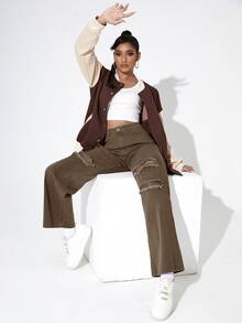 Jeans con cremallera con diseño roto de pierna ancha - Marrón Mocha - Ver 4