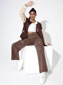 Jeans con cremallera con diseño roto de pierna ancha - Café integral - Ver 4