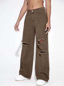 Jeans con cremallera con diseño roto de pierna ancha - Marrón Mocha - Ver 5