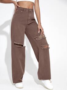 Jeans con cremallera con diseño roto de pierna ancha - Café integral - Ver 5