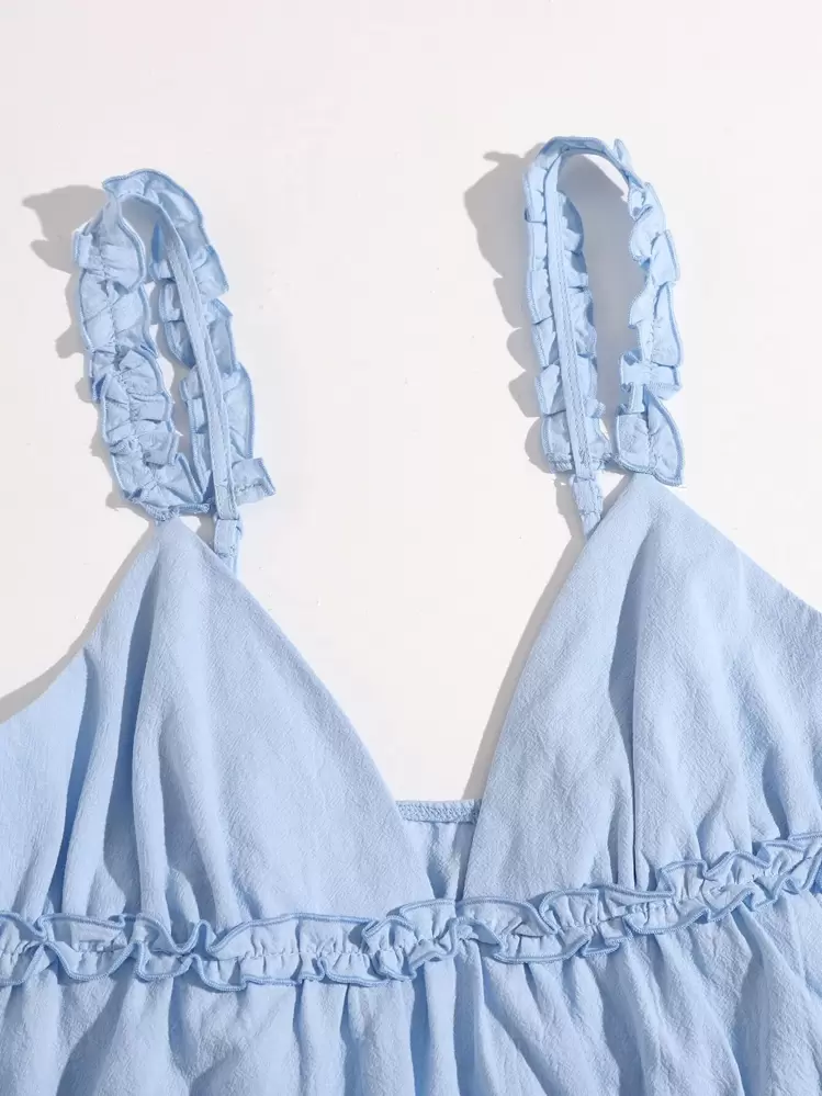 SHEIN VCAY Frill Trim Ruffle Hem Cami Top - Baby Blue - View 3