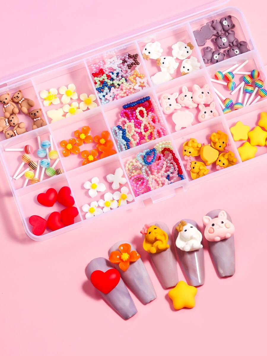 1盒卡通動物和花朵設計美甲飾品 - 彩色 - 查看 1