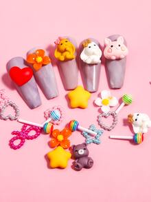 1盒卡通動物和花朵設計美甲飾品 - 彩色 - 查看 4