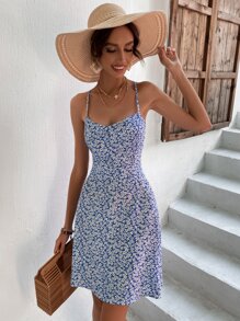 雞心領交叉露背碎花吊帶連衣裙 - 藍白色 - 查看 3