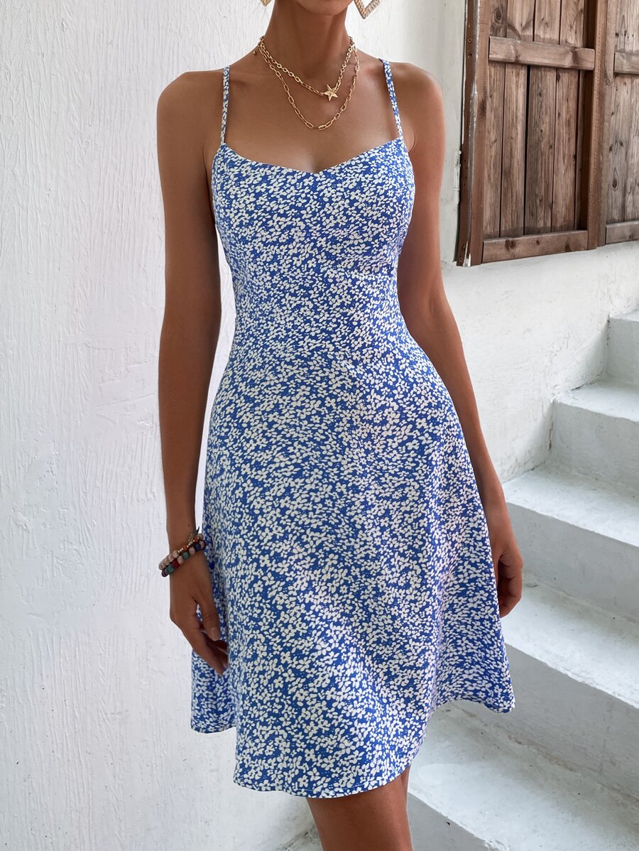 雞心領交叉露背碎花吊帶連衣裙 - 藍白色 - 查看 1