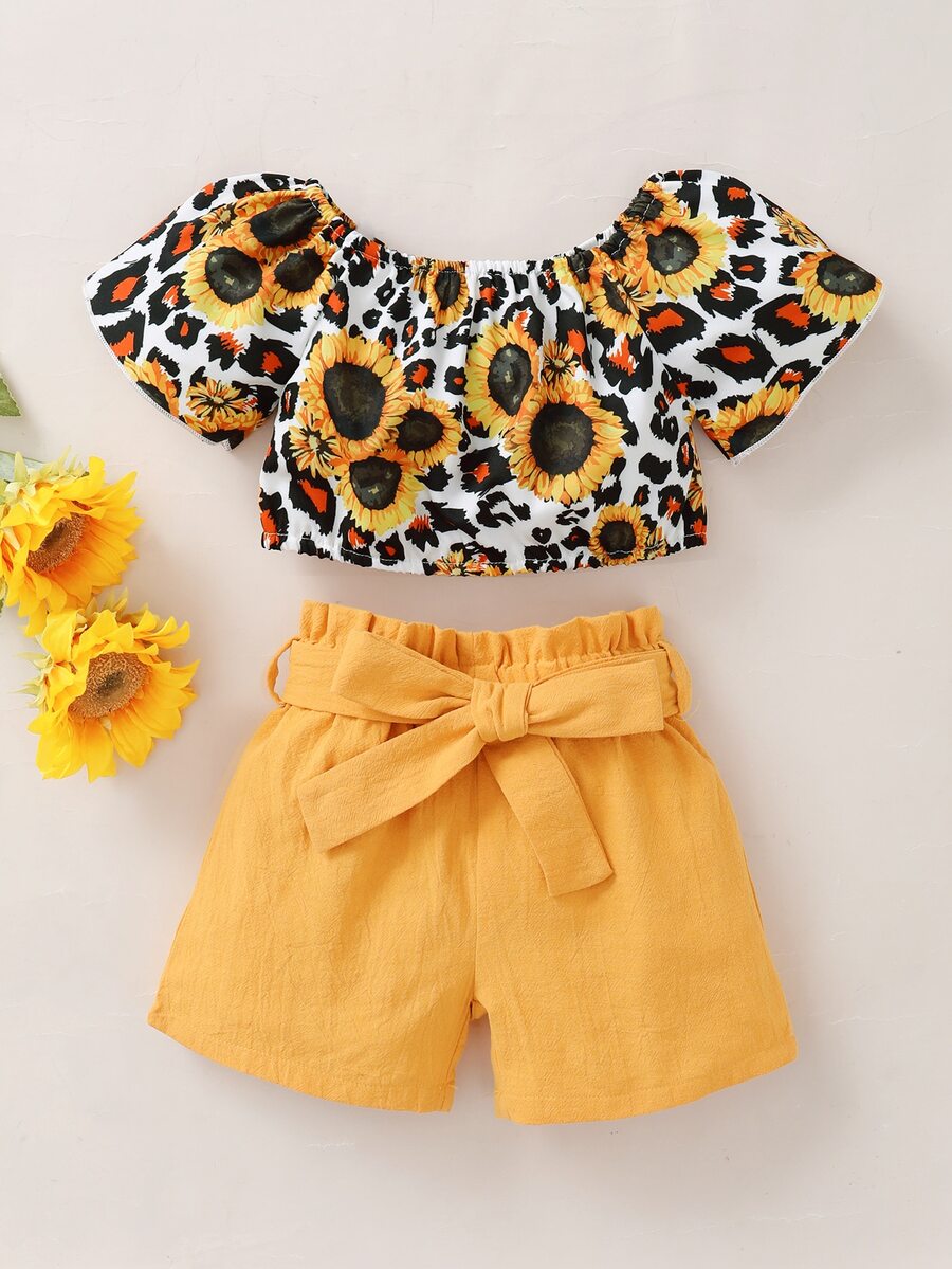 嬰兒花卉圖案和豹紋印花上衣和紙袋腰附腰帶短褲 - 彩色 - 查看 1