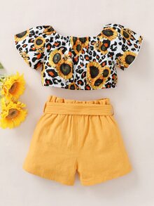 嬰兒花卉圖案和豹紋印花上衣和紙袋腰附腰帶短褲 - 彩色 - 查看 2