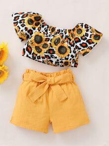 嬰兒花卉圖案和豹紋印花上衣和紙袋腰附腰帶短褲 - 彩色 - 查看 5